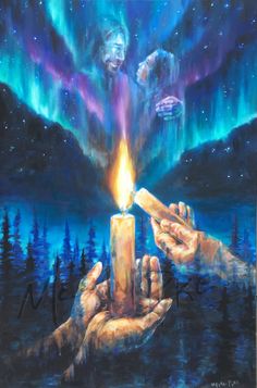 a painting of two hands holding a lit candle in front of an auroran sky