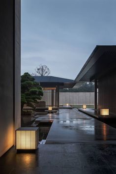 an outdoor area with lights on the ground