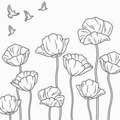 a line drawing of flowers with butterflies flying around