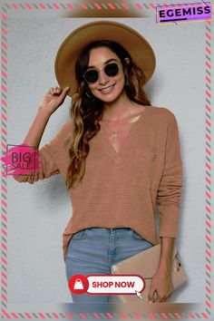 Split Short Front and Long Back Casual V-neck Long Sleeve Knitted Sweater Woman Long Sleeve Knit Sweaters, Knitting Women Sweater, Knitted Sweater, Long Sleeve Knit, Knitted Sweaters, Split, Sweaters For Women, Womens Tops, Sleeve Length