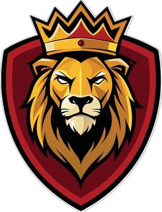 a lion wearing a crown on top of it's head in front of a red shield