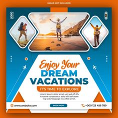 a flyer for a vacation with two people on the beach and an airplane in the sky