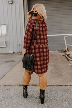 You will surely be in a cherry mood when you wear this charming plus size tunic dress featuring lightweight material patterned with a brown and dark red hued plaid print, a v-cut neckline, loose 3/4-length sleeves, and a relaxed silhouette that falls into a straight mid-thigh length hemline! Measurements 1XL : Bust 52", Hip 58", Length 34.5", Sleeve Length 16.5", Waist 52". 2XL : Bust 54", Hip 60", Length 35", Sleeve Length 17", Waist 54". 3XL : Bust 56", Hip 62", Length 35", Sleeve Length 17", Casual Brown Plaid Dress For Fall, Long Sleeve Brown Plaid Dress For Fall, Fall Plaid V-neck Dress, Casual Burgundy Dress For Fall, Plaid Tunic Dress, Plus Size Tunic Dress, Thigh High Suede Boots, Plus Size Tunic, Plaid Tunic