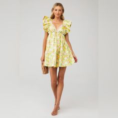 New With Tags From A Smoke Free Home. Yellow Ruffled Dress For Brunch, Yellow Summer Dress With Ruffles, Yellow Ruffled Summer Dress, Chic Lemon Print Dress For Vacation, Yellow V-neck Mini Dress For Brunch, Yellow V-neck Sundress For Garden Party, Chic Lemon Print Dress, Yellow V-neck Dress For Garden Party, Yellow Ruffled Mini Dress For Vacation