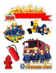 fireman sam and his friends stickers are on the back of a fire truck