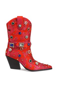 DILIGENT-RED WESTERN BOOTIE Red Cowgirl Boots, Heels Trendy, Denim Rhinestone, Statement Boots, Fold Over Boots, Platform Combat Boots, Sneakers Comfortable, Statement Shoes, Stylish Heels