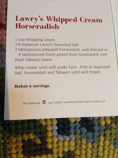 a recipe card with instructions on how to make a whipped cream horseradish