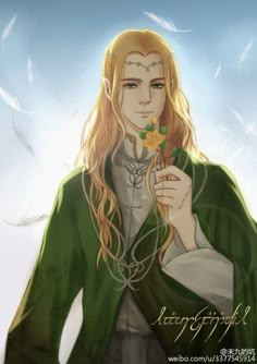 a man with long hair holding a flower in his right hand and wearing a green coat