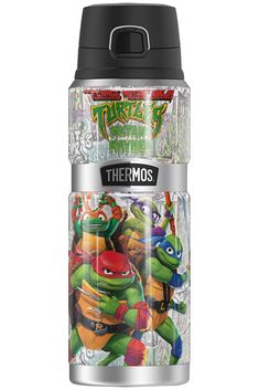 thermos water bottle with an image of teenage mutant turtles on it's side