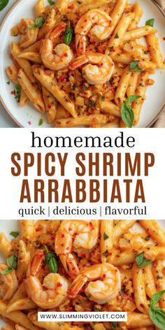 homemade spicy shrimp araabbata pasta on a white plate