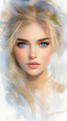 a digital painting of a woman's face with long blonde hair and blue eyes