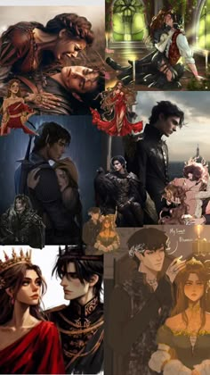 several pictures of people with different outfits and hair, one has a crown on his head