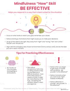 The effectiveness skill is a DBT mindfulness “how” skill that focuses on what works in a given situation, rather than focusing on rigid beliefs or emotions to work closer to a certain goal. This skill is about letting go of rigid thinking and having a more flexible and adaptive mindset. This is related to experiencing positive emotions — you feel good when you get things done intentionally and efficiently. The DBT Effectiveness Mindfulness "How" Skill handout starts with a brief explanation of how the skill works and then provides a list of tips on getting things done. At the bottom of the handout, clients can explore more strategies to practice effectiveness. This includes being mindful of their thoughts, using radical acceptance, and noticing when they start feeling angry. This handout h Dbt Mindfulness Activities, Dbt Skills Worksheets, Social Work Activities, Work Exercises, Feeling Angry, About Letting Go, Cbt Worksheets, Self Esteem Worksheets, Dbt Skills