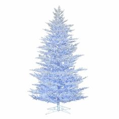 a blue christmas tree with white lights on the top and bottom branches, in front of a white background