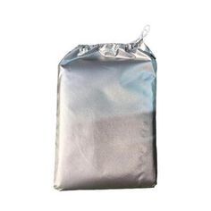 a silver metallic bag is shown against a white background, with the bottom half covered in plastic