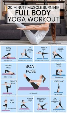 a woman doing yoga poses with the words 20 minute muscle burning full body yoga workout