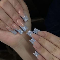 Glitter V Tip Nails, Light Blue Glitter French Tip Nails, Acrylic Nail Designs Sparkle, Glittery White French Tip Nails, Silver Nail Designs For Prom, Prom Nails Long, Sparkly Blue French Tip Nails, Silver Nail Ideas For Prom, Silver Nails For Prom