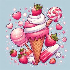 an ice cream sundae with strawberries and lollipops in it on a blue background