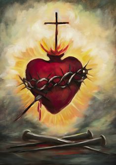 a painting of a heart with barbed wire on it and a cross in the background