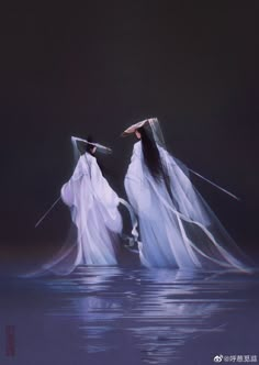 two women dressed in white are standing in the water with their backs to each other