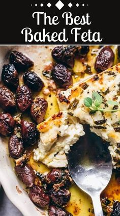 the best baked feta with olives and parmesan cheese in a white bowl