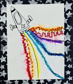 a drawing of a rocket flying through the sky with rainbows and stars around it