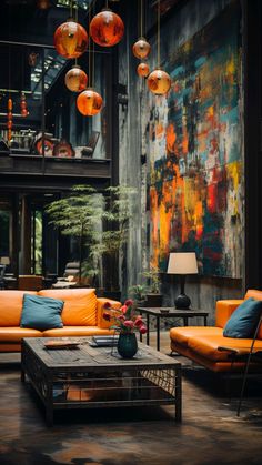 a living room filled with orange couches and lamps