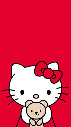 hello kitty holding a teddy bear on a red background