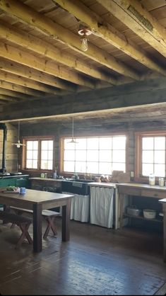 an open kitchen and dining area in a log cabin with wood flooring, windows, and wooden ceiling