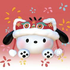 a cartoon dog wearing a red and white hat with paws on it's head