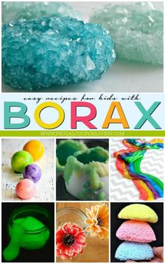 the cover of borax is shown with pictures of different items and colors on it