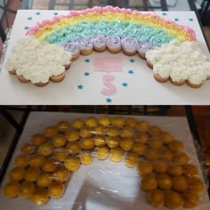 there are two trays with different types of doughnuts on them and one has a rainbow