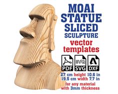 a wooden sculpture with the words moai statue slicted on it's face