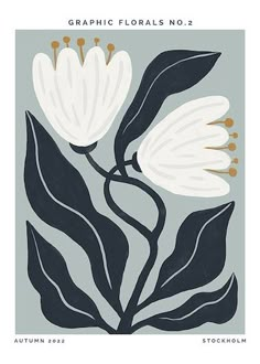 a white flower with black leaves on a gray background and the words graphic florals no 2 above it