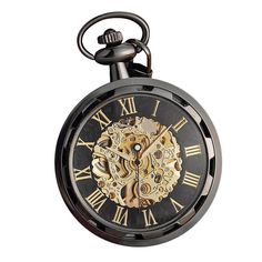 Available in multiple color options, you can enjoy this stunning pocket watch piece in a bright pure golden variety, a cool silver, or in 2 variations featuring enriching shades of gold and black. The watch itself is beautifully crafted with the sides folded in concaving ridges that wave into the interior. The gears can be seen through a clear glass frame that has been cut out from the actual steel encasing. Bordering the mechanical gear skeleton are the roman numerals that mark the time. Enjoy Black Metal Watch As A Gift, Luxury Elegant Pocket Watch With Metal Dial, Black Skeleton Dial Pocket Watch For Formal Occasions, Elegant Black Pocket Watch For Formal Occasions, Steampunk Black Watch As A Gift, Gold Pocket Watch With Metal Dial, Black Steampunk Watch As A Gift, Black Metal Pocket Watch As Gift, Steampunk Black Watch As Gift