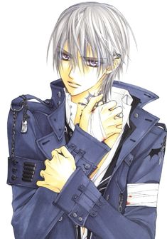 an anime character with white hair wearing a blue suit and tie, holding his hands on his chest