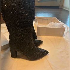 Unworn Knee High Sparkly Size 11 Heeled Boots Wide Calf Ankle Boots For Party, Party Boots With Wide Calf And Reinforced Heel, Party Boots With Reinforced Heel And Wide Calf, Party Boots With Wide Calf And Round Toe, Almond Toe Boots For Night Out In Winter, Wide Calf Boots With Round Toe For Party, Almond Toe Boots For Winter Night Out, Winter Boots For Night Out With Almond Toe, Winter Night Out Boots With Almond Toe