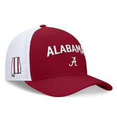 Stay shaded in Alabama Crimson Tide spirit with this Primetime Rise City Trucker hat from Nike. It features bold graphics across the front and state patch with team color stripes on the side. The mesh panels and snap closure make this trucker a comfortable pick for cheering the Alabama Crimson Tide to a win. Collegiate Style Sports Trucker Hat With Flat Brim, Collegiate Flat Brim Trucker Hat For College, Collegiate Adjustable Trucker Hat, Collegiate Style Adjustable Trucker Hat, White Curved Brim Trucker Hat For College, Collegiate Team-colored Trucker Hat With Flat Brim, Collegiate Sports Trucker Hat With Curved Brim, Collegiate Fan Merchandise Snapback Hats, Collegiate Trucker Hat With Curved Brim For Sports