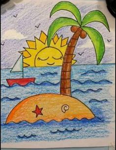 a drawing of a palm tree sitting on top of a small island in the ocean