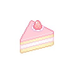 a piece of cake with pink frosting and a strawberry on top is shown in the pixel style