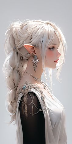 a woman with white hair and long braids wearing an elf - like outfit is looking off to the side