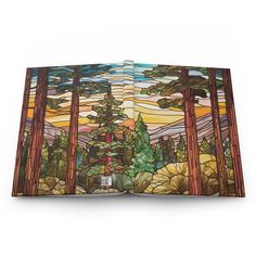 an open book with stained glass on the pages and trees in the middle, surrounded by mountains