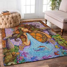 a colorful rug with an image of a woman and birdcage in the center