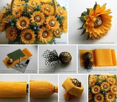 several pictures of sunflowers and pine cones in various stages of being made with yarn