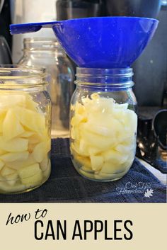 two jars filled with food sitting on top of a table next to a blue strainer