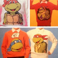 four sweaters with teenage mutant turtles on them, one in red and the other in white