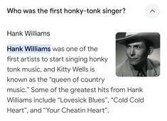 an image of hank williams on twitter with the caption'who was the first honky - tonk singer? '