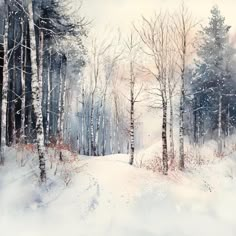 a painting of snow covered trees in the woods