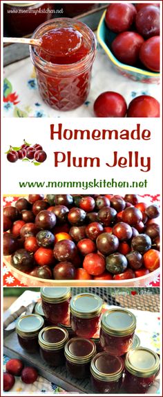 homemade plum jelly recipe in jars with cherries on the side and an image of plums