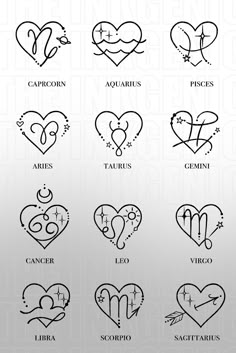 Heart Zodiac Signs - Set of 2 Horoscope Tattoos, Zodiac Sign Tattoos, Zodiac Tattoos, Pretty Tattoos For Women, Dope Tattoos For Women, Zodiac Tattoo, The Zodiac Signs, Cute Tattoos For Women, 캐릭터 드로잉